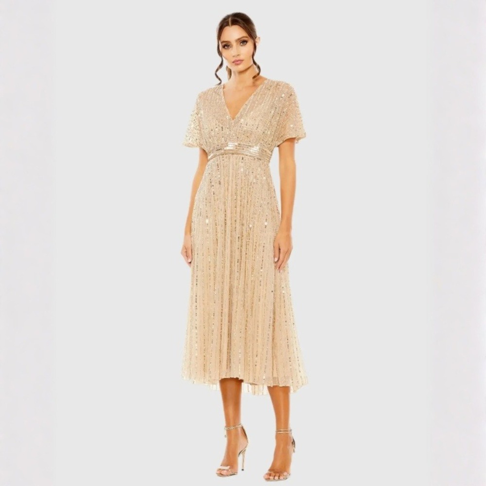 MacDuggal 14007 Beige Embellished Short Sleeve Empire Waist Dress Gold 10 NWT